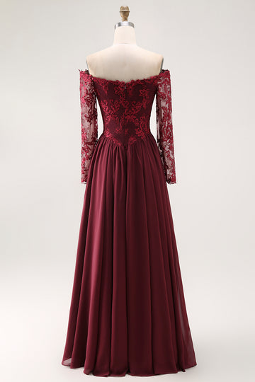 Cabernet A Line Long Sleeve Chiffon Mother Of the Bride Dress with Appliques